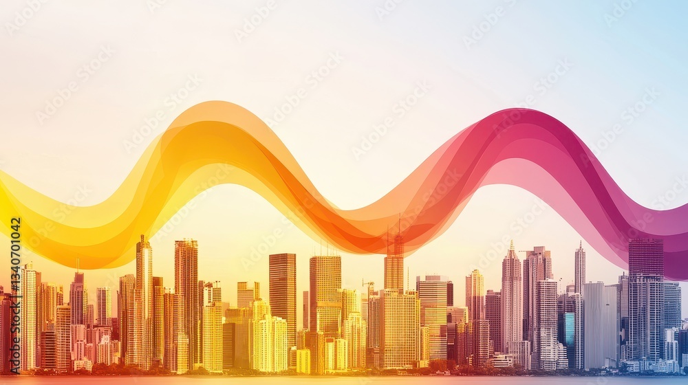 Poster A vibrant city skyline under a colorful wave, blending modern architecture with artistic elements and a dazzling sunset backdrop.