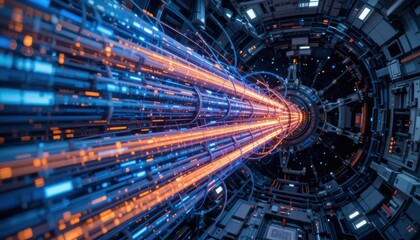 Futuristic energy beam space station digital art sci-fi environment perspective view theoretical physics concepts in motion