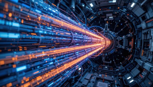 Futuristic energy beam space station digital art sci-fi environment perspective view theoretical physics concepts in motion