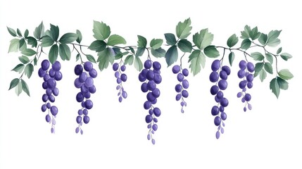 Elegant Watercolor Painting of Grapes Hanging from Vine