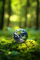 World globe on green moss, nature conservation, Earth Day celebration, environmental awareness, eco-friendly living, sustainability, planet health, forest background.