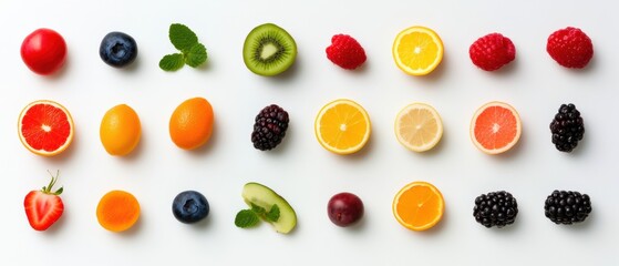 Rainbow Nutrition Decoded Minimalist Superfood Color Spectrum Showcasing Vibrant Whole Fruits for Holistic Wellness and Creative Dietary Storytelling
