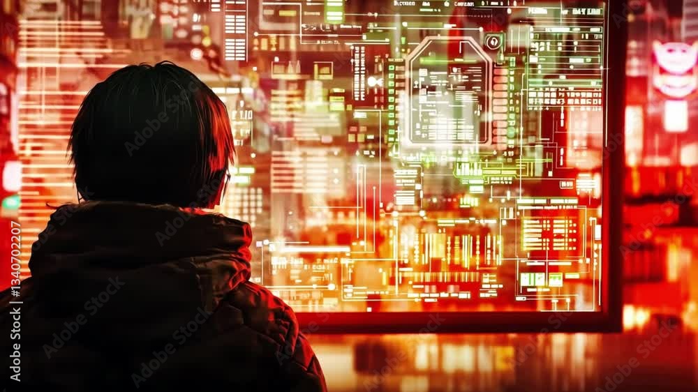 Fototapete A man is looking at a computer screen with a city view in the background