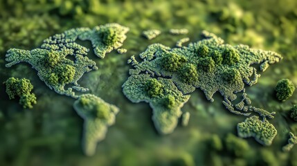 World map made of lush green trees, symbolizing Earth Day, environmental awareness, sustainability, nature conservation, eco-friendly lifestyle, and global connectivity.