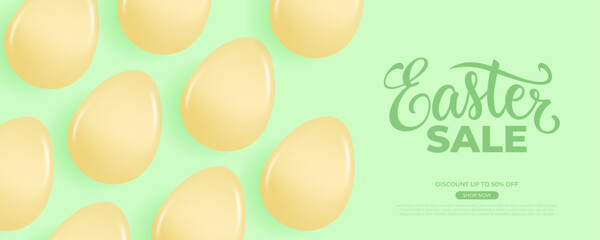 Easter Sale commercial banner. Hand lettering and yellow glossy Easter Eggs for Easter holiday shopping promotion and sale advertising. Green background. Vector illustration.