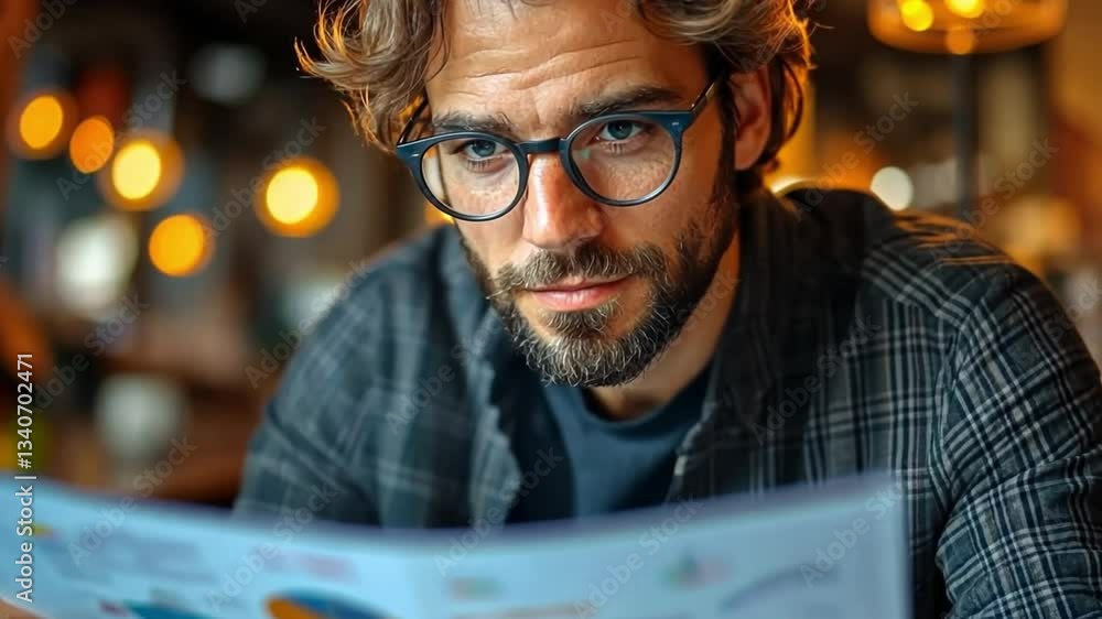 Aufkleber A man with glasses is reading a paper with graphs on it