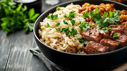A bowl of tender beef, sauerkraut, and a side dish, garnished with fresh parsley, set on a rustic wooden table. Concept Beef Dish Presentation, Rustic Table Setting, Sauerkraut Pairing