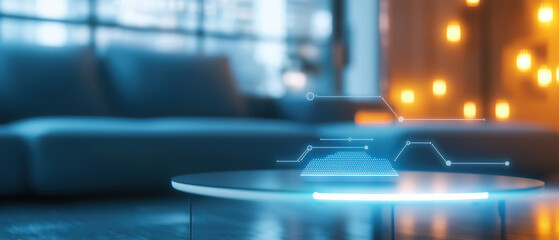 Smart home with zero emission. Futuristic AI controlled smart home interior with glowing holographic interface sleek table.