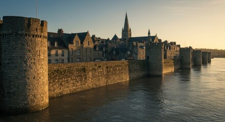 Stone City Walls and Buildings Along River at Golden Hour