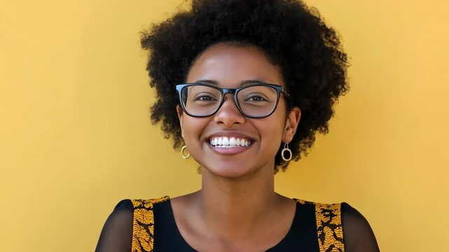 A woman with curly hair and glasses is smiling at the camera
