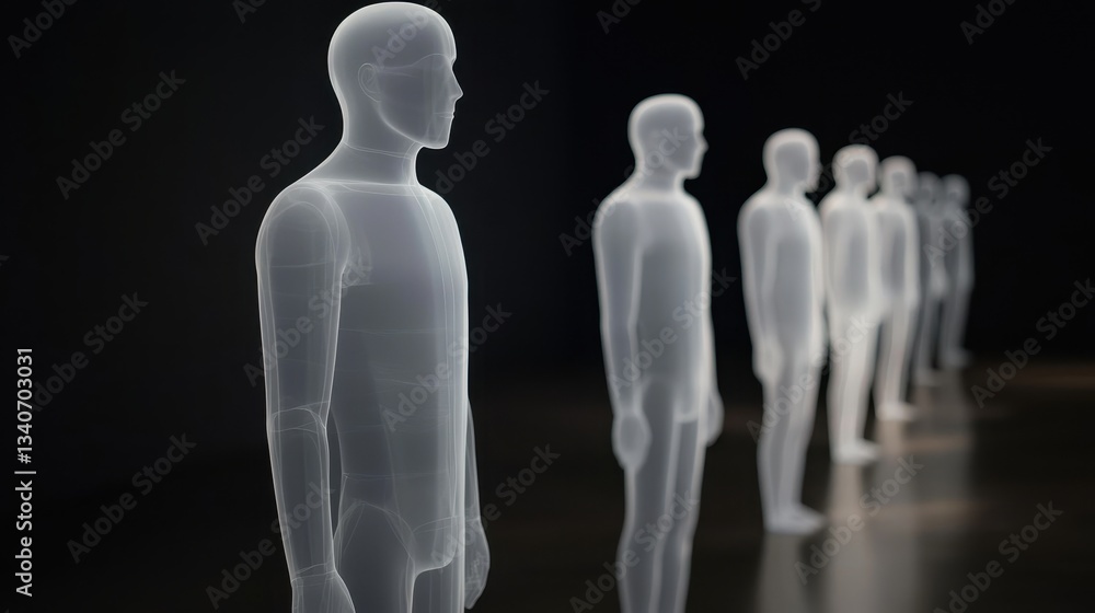 Poster The image features a series of translucent mannequins lined up against a dark background, creating a striking visual contrast.