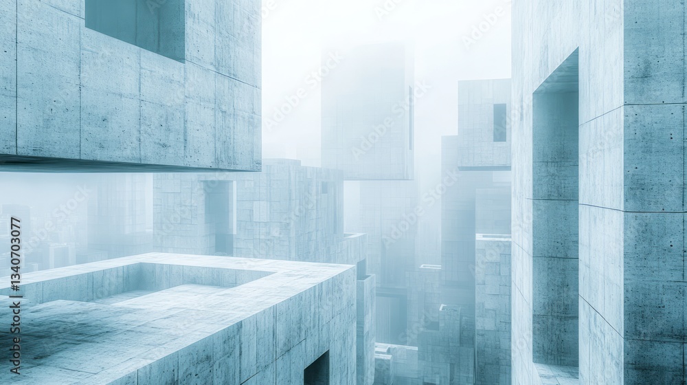 Poster concrete architectural structures emerge through a dense layer of fog