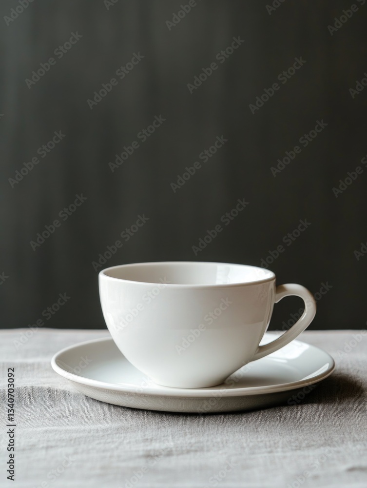 Poster a white cup and saucer placed on a table with a simple background
