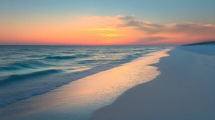Tranquil Minimalist Beach with Pristine Sand and Gentle Sunset Waves – Generative AI