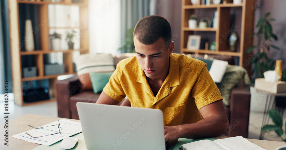 Poster laptop, man and typing with home office, reading and remote work for startup business. event plannin