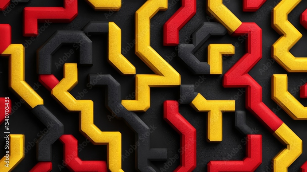 Poster abstract geometric pattern with interlocking red yellow and black shapes