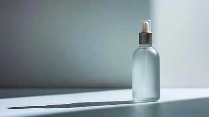 A minimalist frosted glass spray bottle elegantly resting on a surface with soft lighting, representing beauty and serenity in skincare and personal care products.
