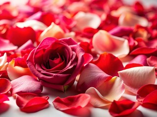 Fototapeta premium Romantic Rose Petals Scattered on White - Low Light Photography Stock Photo