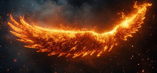 Fiery Phoenix Rising, Majestic Wing of Flame Against Dark Skies