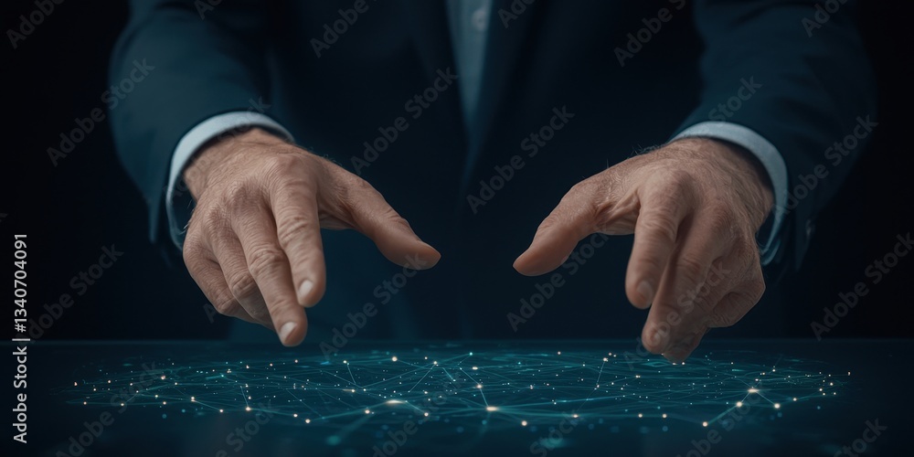 Poster A businessman gestures toward a digital interface, showcasing advanced technology and interaction in a professional environment.
