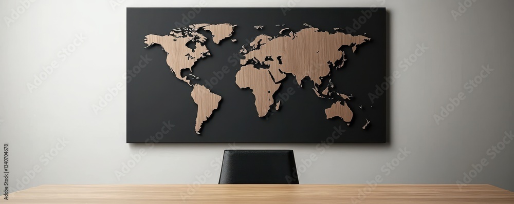 Poster a minimalist wooden world map decorates a black wall, set above a simple table and chair, creating a