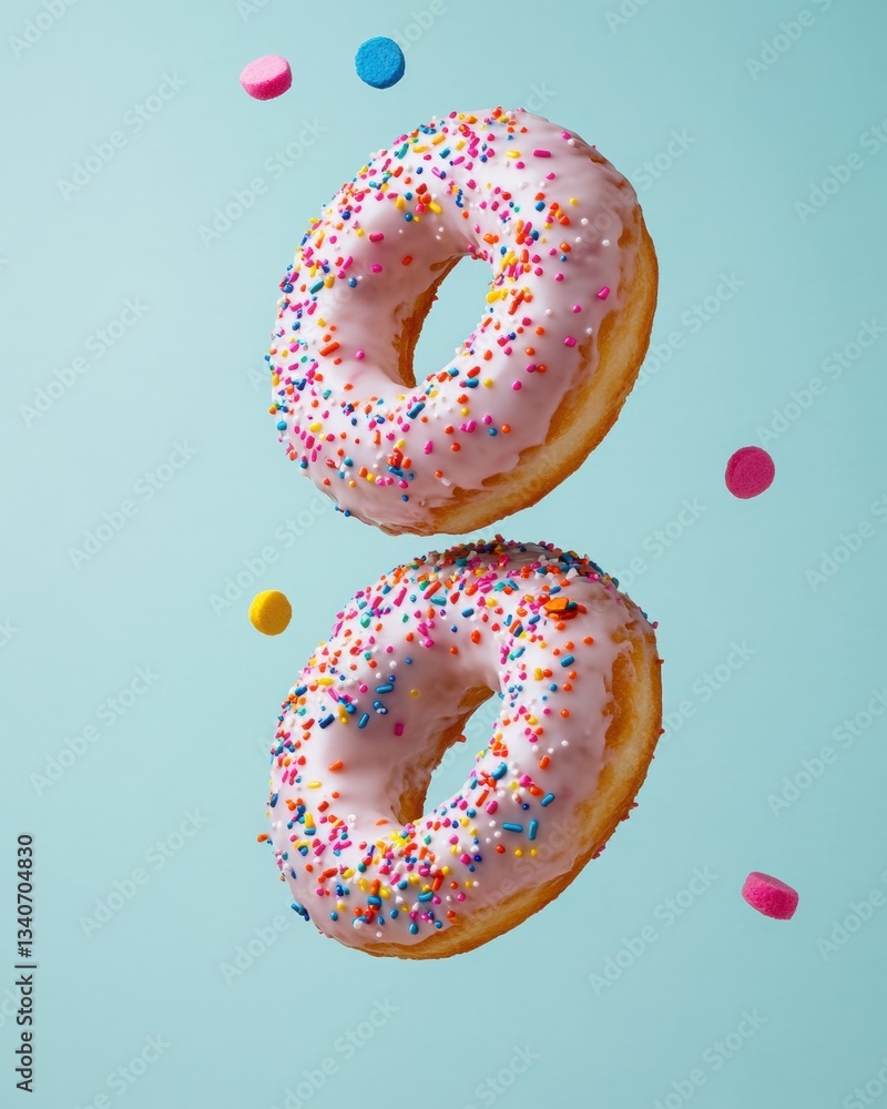 Poster playful culinary pop art vibrant glazed donuts in floating minimalist composition - trendsetting foo