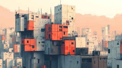 Dystopian cityscape featuring stacked box like buildings with orange accents
