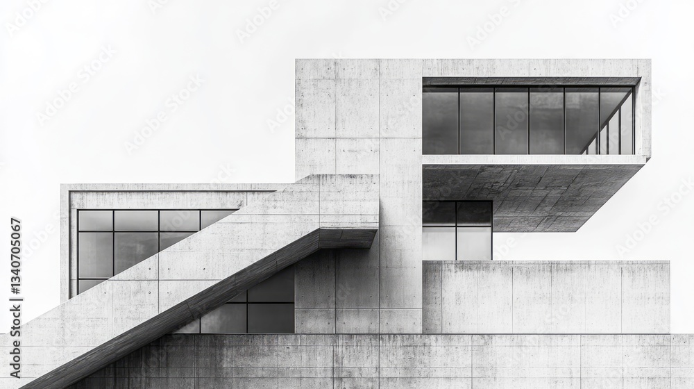Poster brutalist architecture featuring concrete building facade with visible staircase