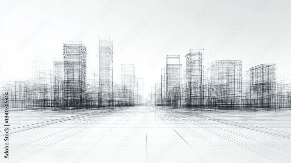 Poster architectural rendering shows a cityscape in a wireframe style