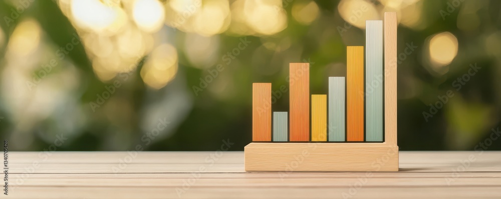 Poster a bar graph model on a wooden table, with a blurred green background, representing data visualizatio