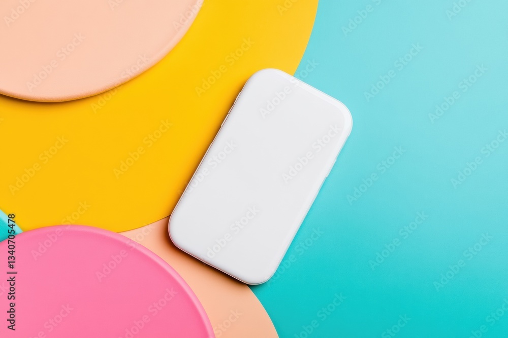 Poster minimalist tech aesthetic sleek white device on vibrant pop color geometry - contemporary design and