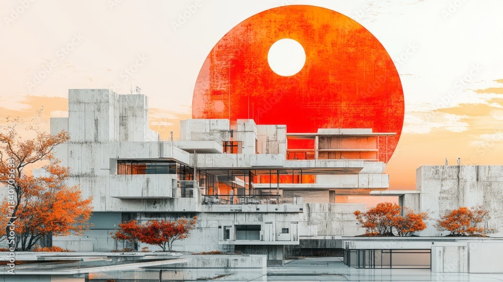 Poster futuristic brutalist architecture complex with a large red sun behind