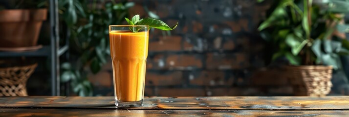 Refreshing carrot juice with leaf garnish on world carrot day. World Vegan Day. Healthy Food. World Vegetarian Day. World cocktail day. Copy space
