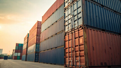 Close-up of a stack of international shipping containers symbolizing global trade and tariffs, representing logistics, import export, and worldwide commerce concepts.