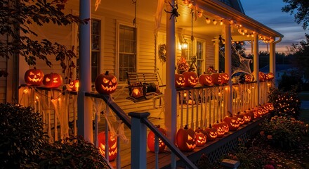 Naklejka premium Illuminated Jack-o'-lanterns Decorating House Porch for Halloween Celebration