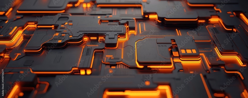 Aufkleber a close-up view of a futuristic circuit board with glowing orange lines on a dark background, repres
