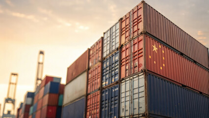Close-up of a stack of international shipping containers symbolizing global trade and tariffs, representing logistics, import export, and worldwide commerce concepts.