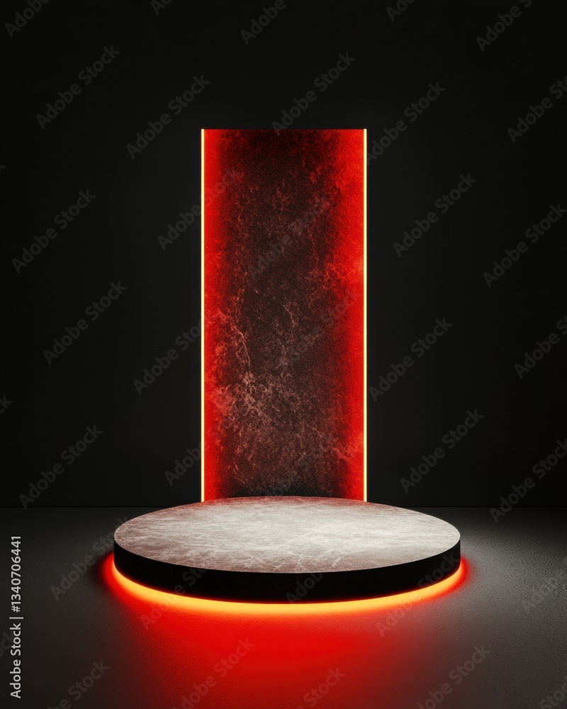 Poster Futuristic Minimalist Podium Immersive Tech Display with Dramatic Red Illumination - Next-Gen Product Showcase for Digital Innovation and Brand Storytelling