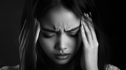 A woman holding her head in distress or pain