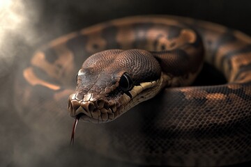 Fototapeta premium Close-up shot of a snake coiled on a black surface