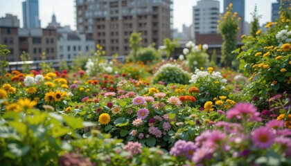 Vibrant flower garden blooms in urban rooftop oasis cityscape photography bright sunshine close-up shot nature's beauty unveiled