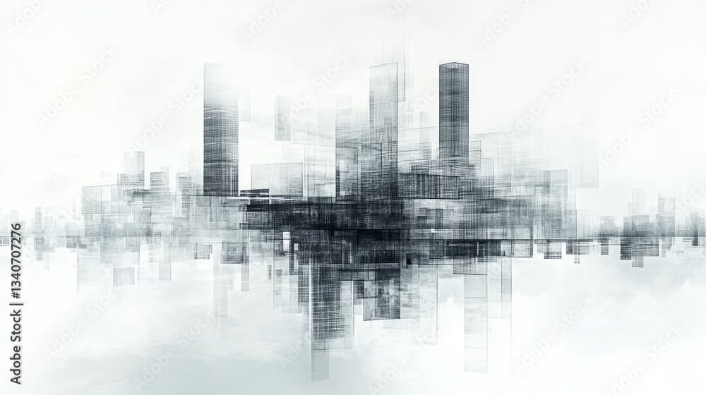 Poster abstract digital cityscape composed of layered rectangular blocks