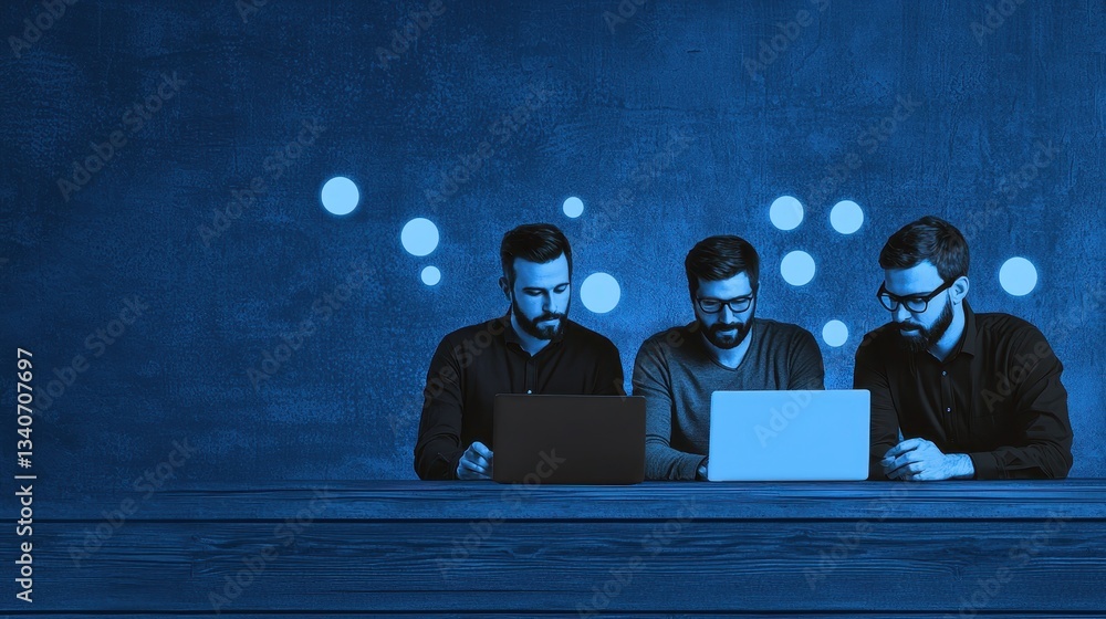 Poster Three individuals working on laptops in a blue-toned environment, focused on their tasks with soft light surrounding them.