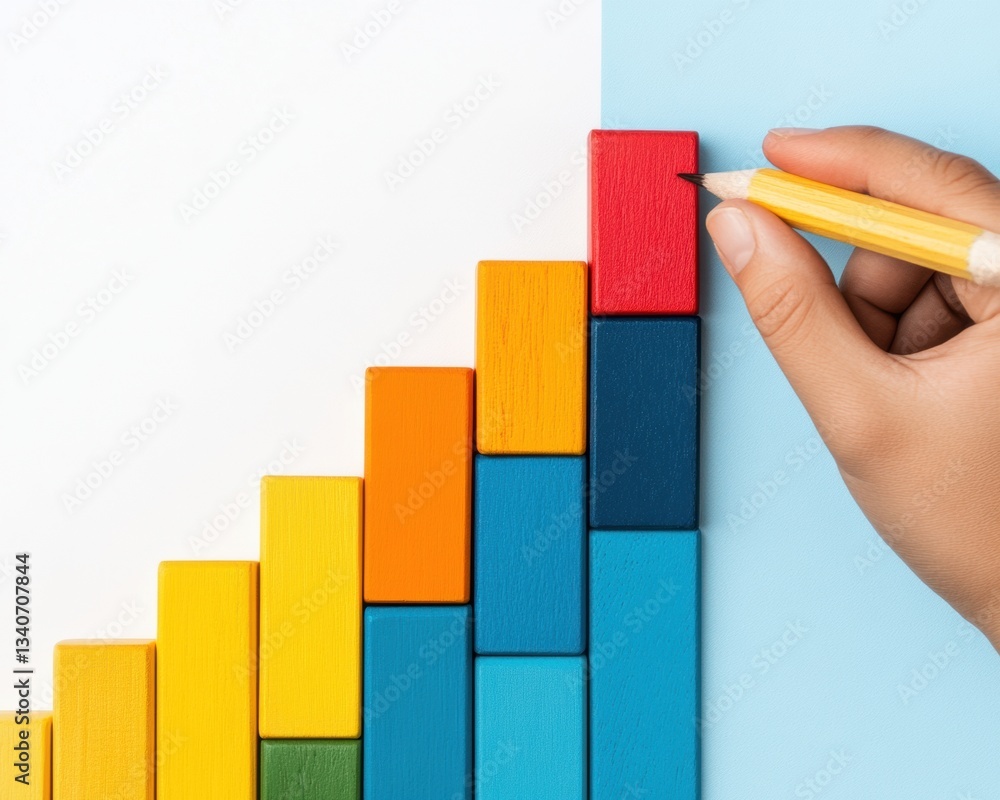 Poster Strategic Growth Visualization Minimalist Wood Block Analytics Depicting Incremental Business Performance and Emerging Market Expansion Strategies