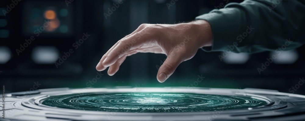 Poster a hand hovers above a glowing, circular interface, suggesting interaction with a futuristic technolo