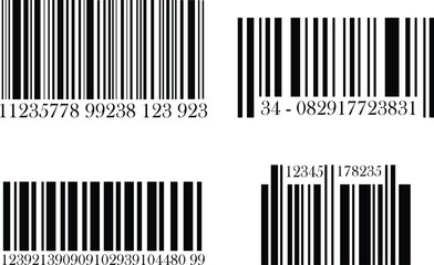 Bar code icons set for shop product price tag. Universal product scan code with numbers. Business concept barcode pictogram suitable for apps and website UI designs isolated on transparent background.
