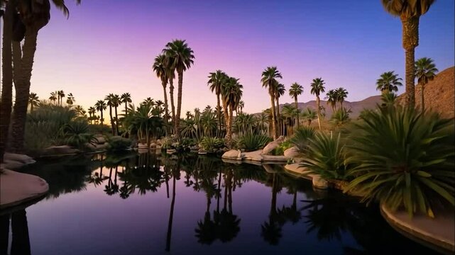 Serene Oasis: Palm Trees Reflecting in a Tranquil Pond at Sunset