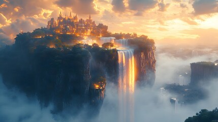Fototapeta premium Surreal Floating Islands with Twilight Waterfalls and Ethereal Light Effects – Generative AI