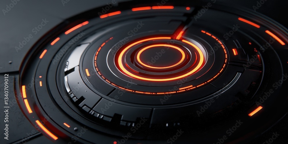 Poster a futuristic, circular interface with glowing orange elements on a dark background, suggesting advan