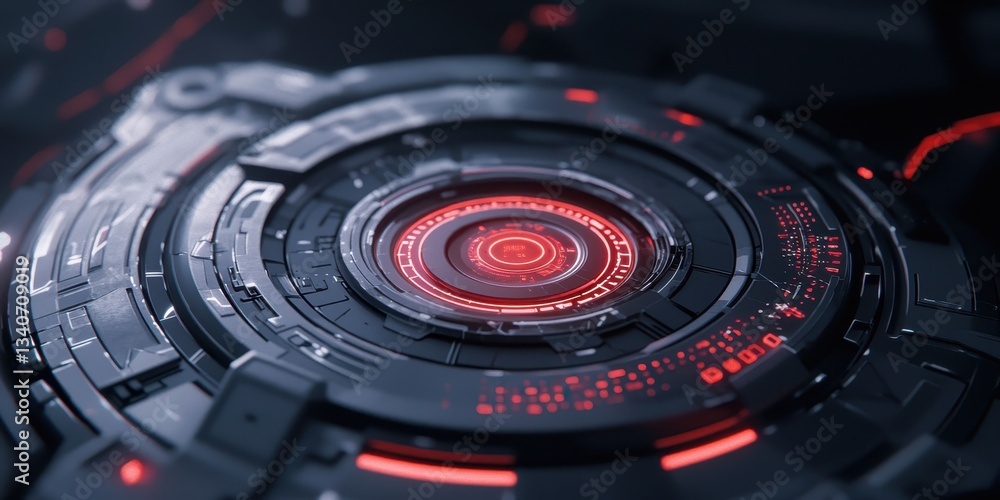 Poster A futuristic circular device with intricate black and red designs, showcasing glowing elements and advanced technology.
